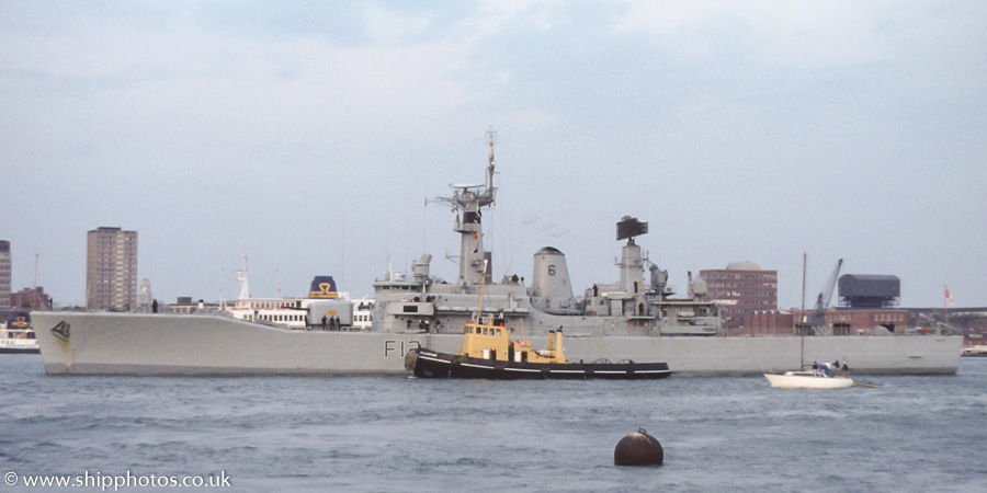 Photograph of the vessel HMS Achilles pictured entering Portsmouth Harbour on 25th July 1985