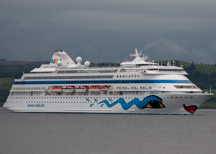 Photograph of the vessel  AIDAcara pictured arriving at Greenock Ocean Terminal on 8th August 2014