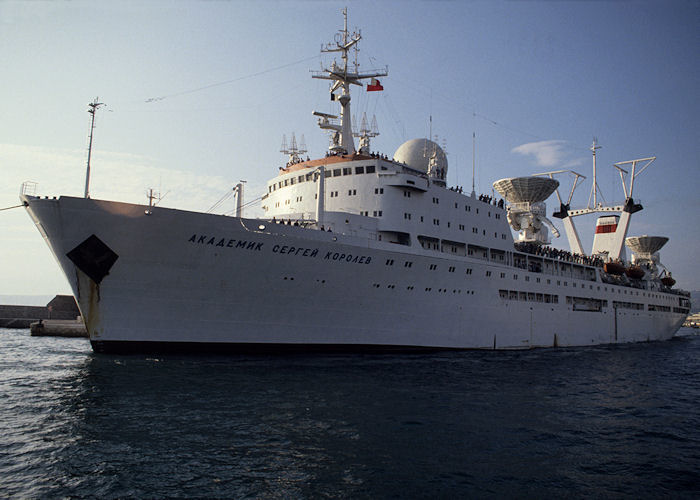 Photograph of the vessel rv Akademik Sergey Korolev pictured departing Marseille on 5th July 1990