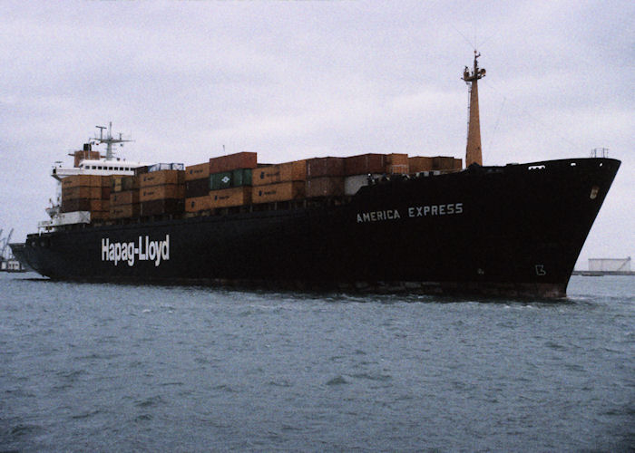 Photograph of the vessel  America Express pictured departing Le Havre on 22nd December 1991
