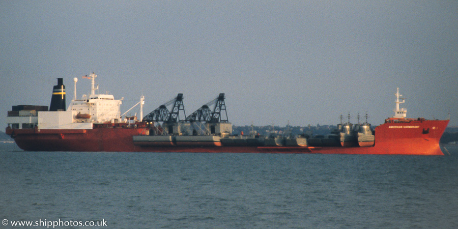 Photograph of the vessel USNS American Cormorant pictured at anchor in the Solent on 6th August 1989