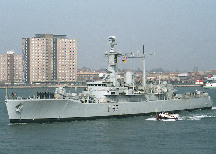 Photograph of the vessel HMS Andromeda pictured departing Portsmouth Harbour on 12th April 1988