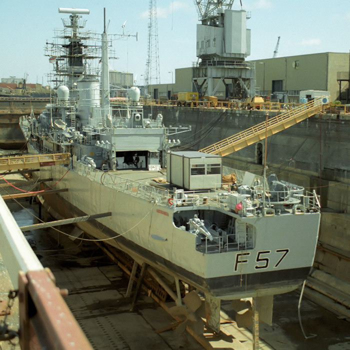 Photograph of the vessel HMS Andromeda pictured in dry dock in Portsmouth Naval Base on 29th August 1988