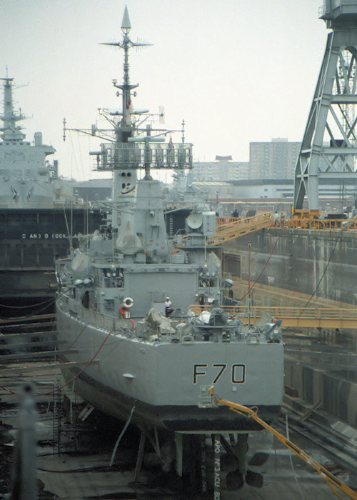 Photograph of the vessel HMS Apollo pictured in dry dock at Portsmouth Naval Base on 29th August 1987