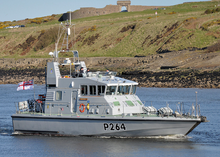Photograph of the vessel HMS Archer pictured arriving at Aberdeen on 16th April 2012