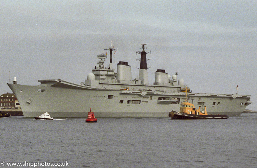Photograph of the vessel HMS Ark Royal pictured entering Portsmouth Harbour on 29th May 1987