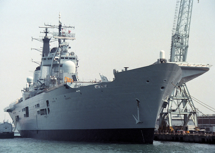 Photograph of the vessel HMS Ark Royal pictured in Portsmouth Naval Base on 14th May 1988