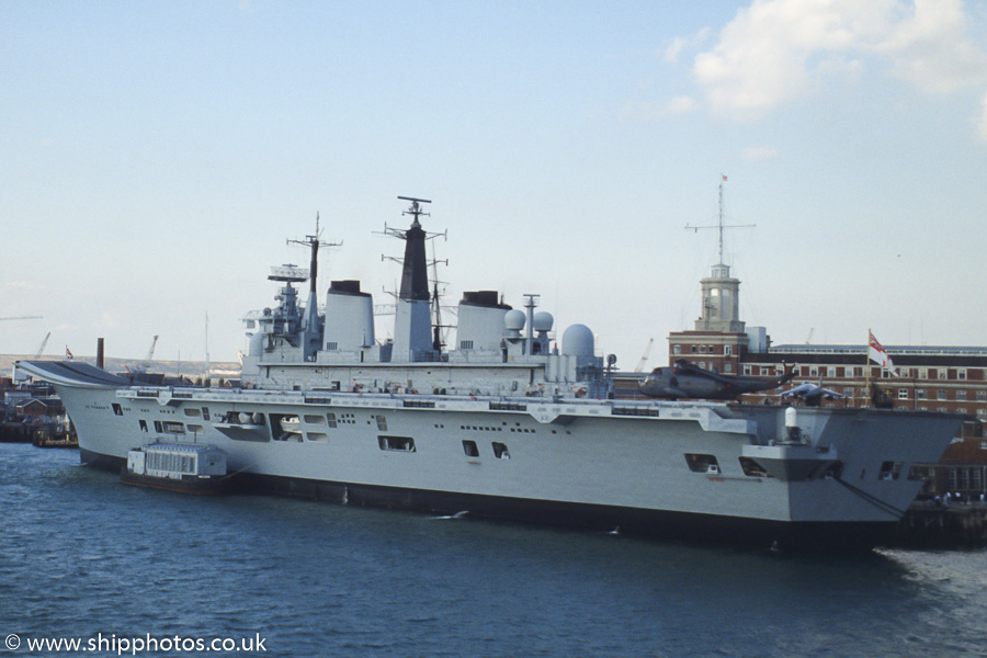 Photograph of the vessel HMS Ark Royal pictured in Portsmouth Naval Base on 27th August 1989