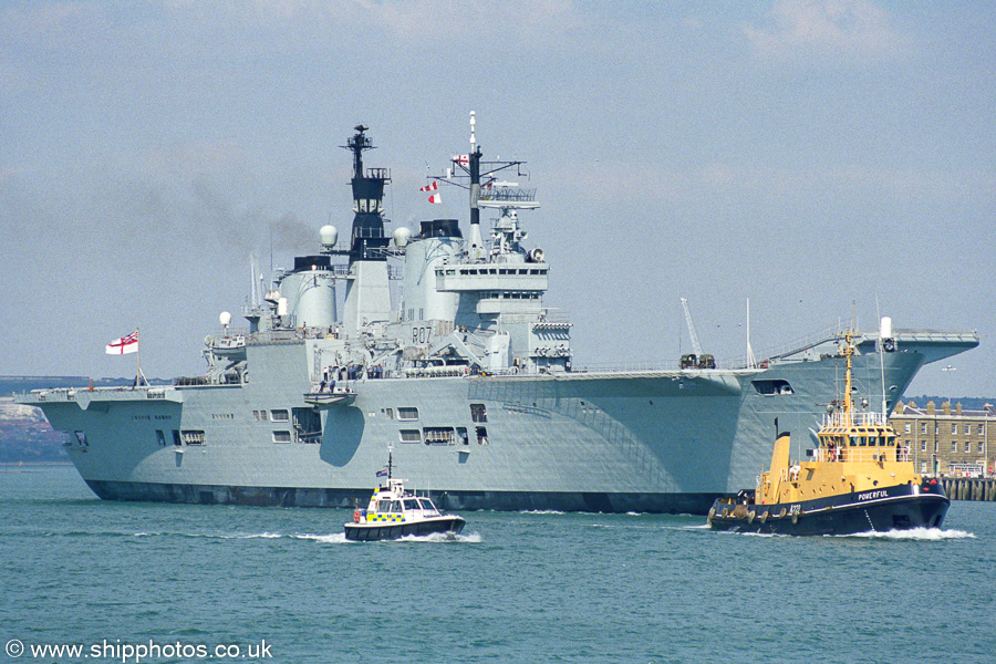 Photograph of the vessel HMS Ark Royal pictured departing Portsmouth Harbour on 2nd September 2002