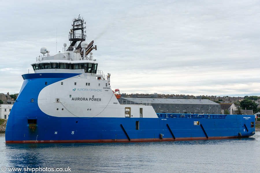 Photograph of the vessel  Aurora Power pictured departing Aberdeen on 9th August 2023