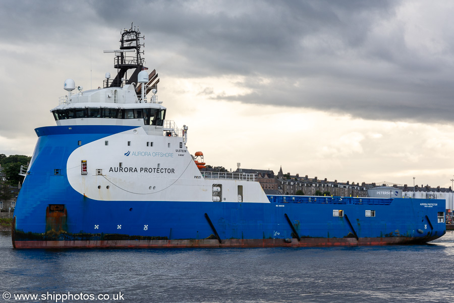 Photograph of the vessel  Aurora Protector pictured departing Aberdeen on 7th August 2023