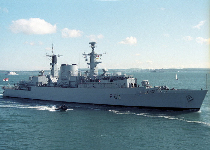 Photograph of the vessel HMS Battleaxe pictured entering Portsmouth Harbour on 26th May 1988