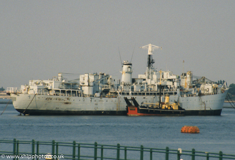 Photograph of the vessel HMS Berry Head pictured laid up in Portsmouth Harbour on 5th August 1989