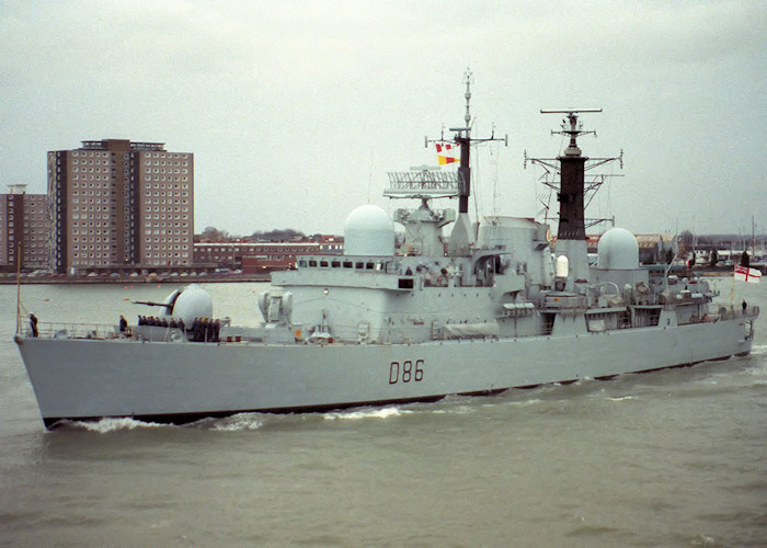 Photograph of the vessel HMS Birmingham pictured departing Portsmouth Harbour on 7th February 1988