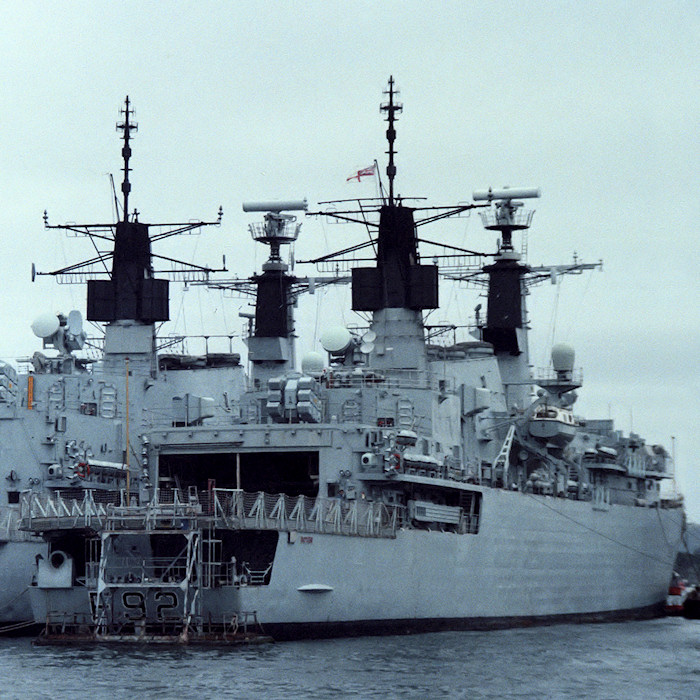 Photograph of the vessel HMS Boxer pictured in Devonport Naval Base on 10th August 1988