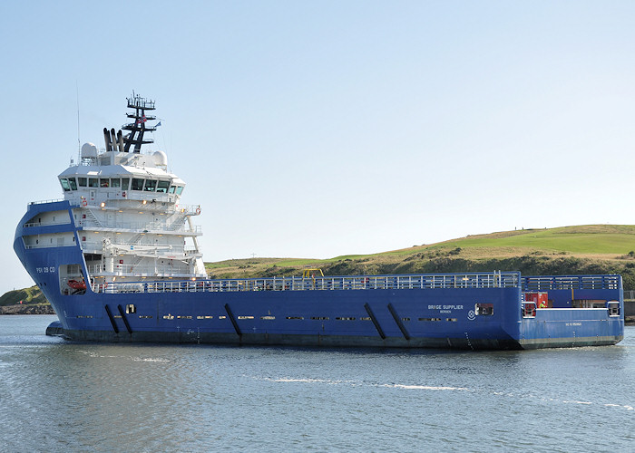 Photograph of the vessel  Brage Supplier pictured departing Aberdeen on 15th September 2012