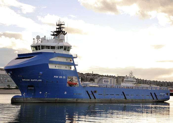 Photograph of the vessel  Brage Supplier pictured departing Aberdeen on 14th September 2013
