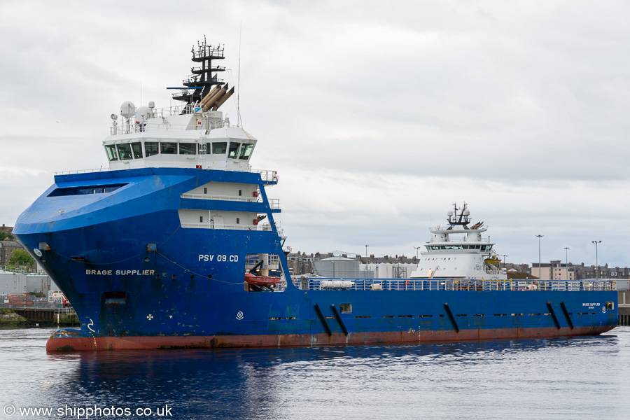 Photograph of the vessel  Brage Supplier pictured departing Aberdeen on 27th May 2019