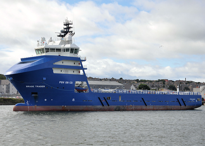 Photograph of the vessel  Brage Trader pictured departing Aberdeen on 14th September 2012