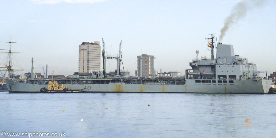 Photograph of the vessel RFA Brambleleaf pictured arriving in Portsmouth Harbour on 13th January 1990