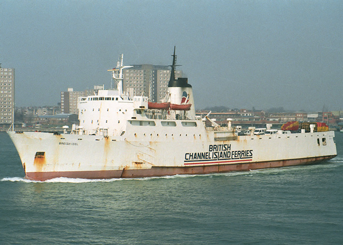 Photograph of the vessel  Breizh-Izel pictured departing Portsmouth Harbour on 12th April 1988