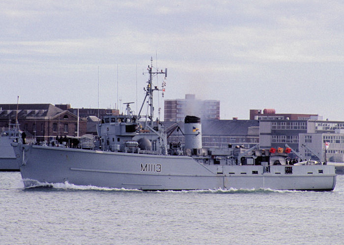 Photograph of the vessel HMS Brereton pictured arriving in Portsmouth Harbour on 28th October 1990