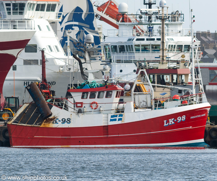 Photograph of the vessel fv Brighter Hope pictured at Mair's Pier, Lerwick on 20th May 2022