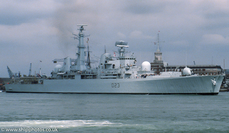 Photograph of the vessel HMS Bristol pictured departing Portsmouth Harbour on 8th August 1987