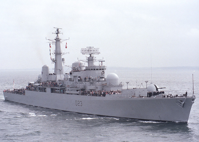 Photograph of the vessel HMS Bristol pictured entering Portsmouth Harbour on 30th April 1988