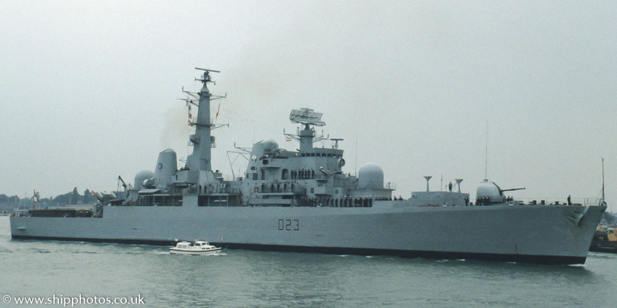 Photograph of the vessel HMS Bristol pictured arriving in Portsmouth Harbour on 5th July 1989