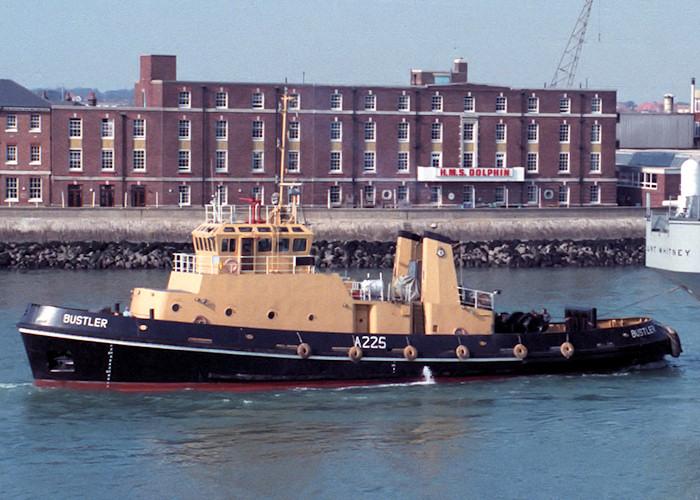 Photograph of the vessel RMAS Bustler pictured at the entrance to Portsmouth Harbour on 2nd October 1988