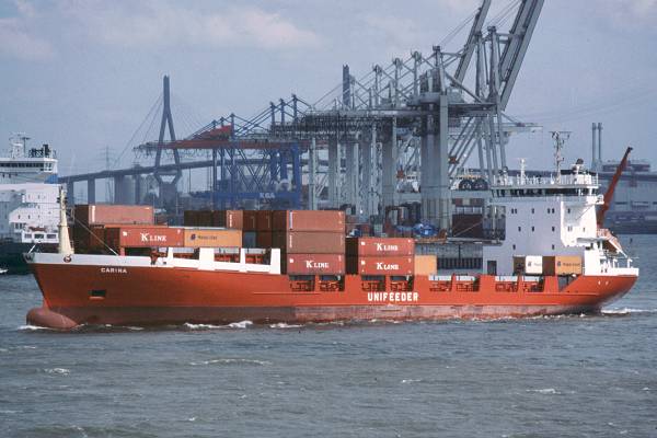 Photograph of the vessel  Carina pictured departing Hamburg on 29th May 2001