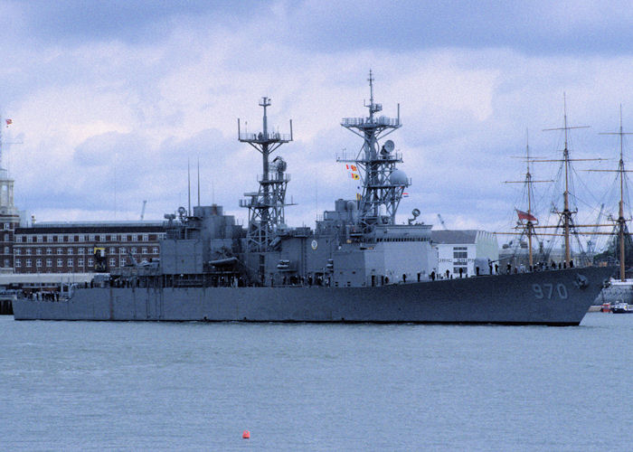 Photograph of the vessel USS Caron pictured departing Portsmouth Harbour on 18th April 1995