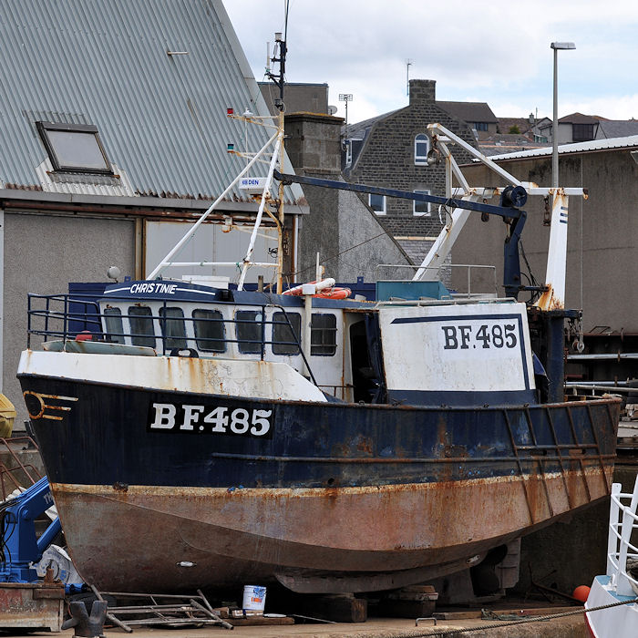 Photograph of the vessel fv Christinie pictured under refit at Macduff on 6th May 2013