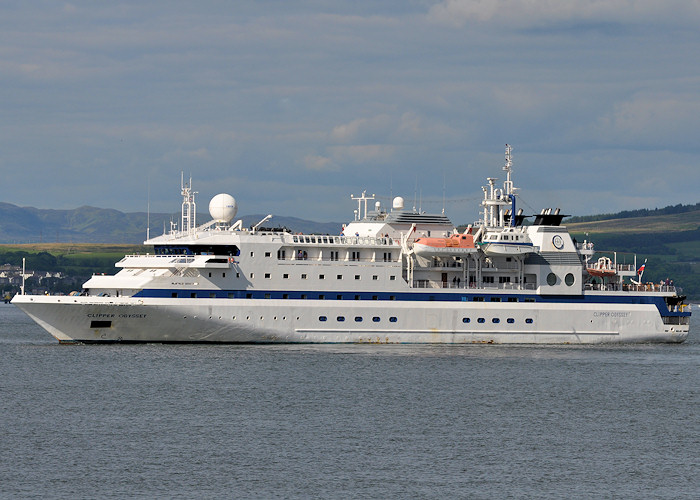 Photograph of the vessel  Clipper Odyssey pictured departing Greenock Ocean Terminal on 4th June 2012