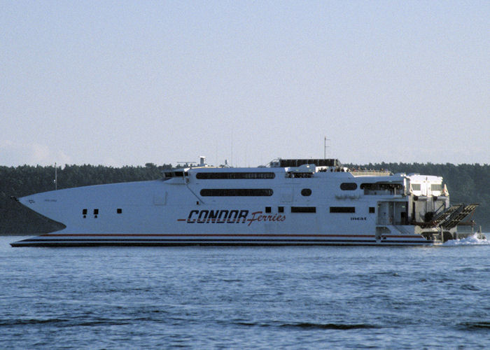 Photograph of the vessel  Condor Express pictured departing Poole on 25th October 1997