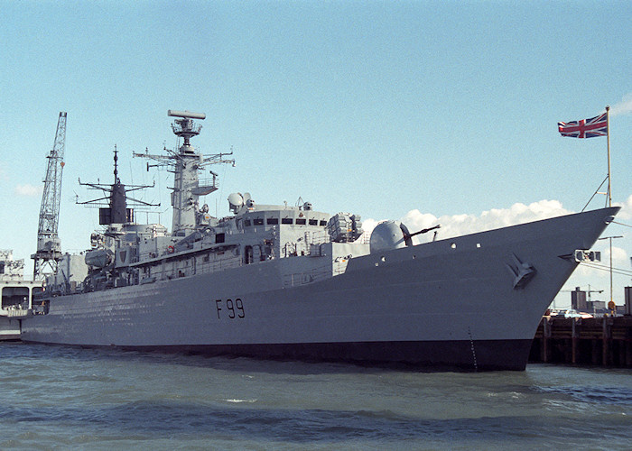 Photograph of the vessel HMS Cornwall pictured in Portsmouth Naval Base on 26th March 1988