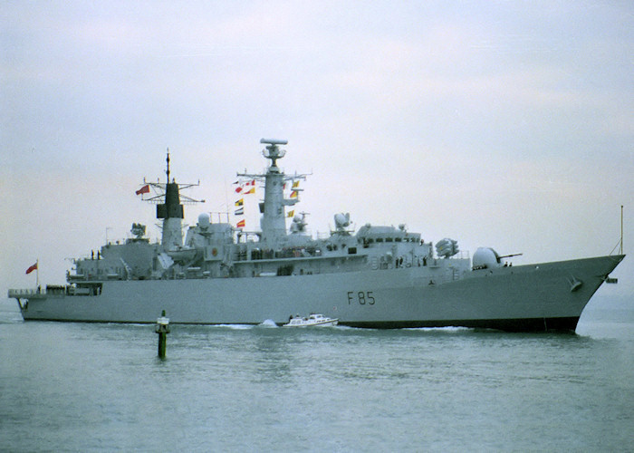 Photograph of the vessel HMS Cumberland pictured entering Portsmouth Harbour for the first time on 19th November 1988