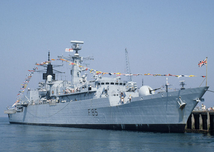 Photograph of the vessel HMS Cumberland pictured in Portland Harbour on 21st July 1990