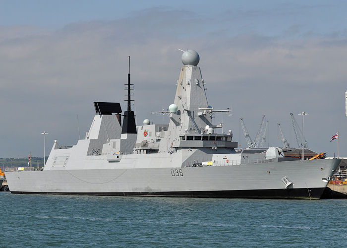 Photograph of the vessel HMS Defender pictured in Portsmouth Naval Base on 10th June 2013