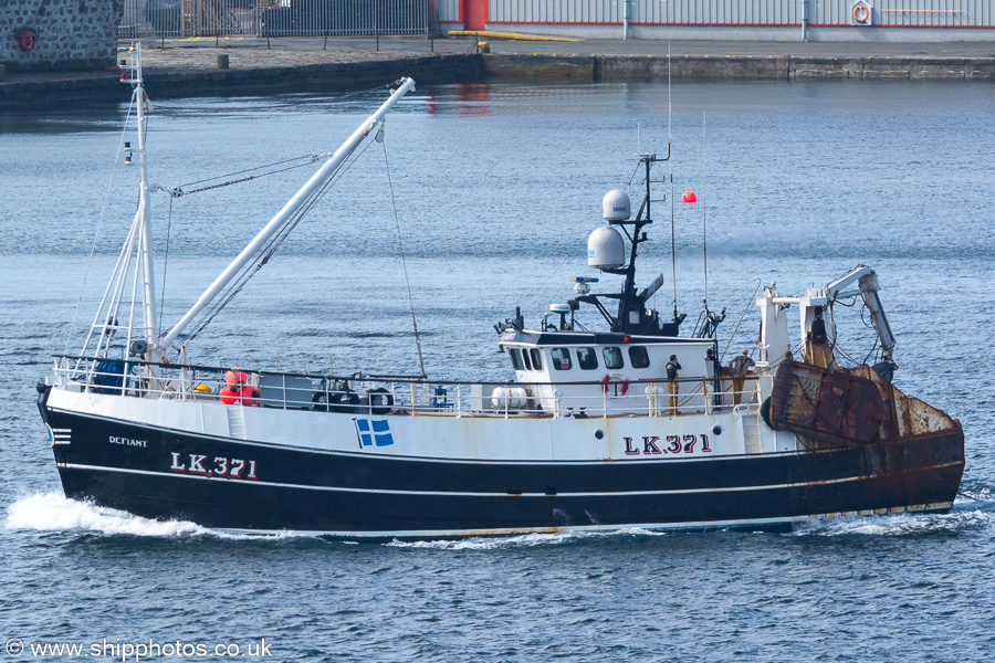 Photograph of the vessel fv Defiant pictured departing Lerwick on 18th May 2022
