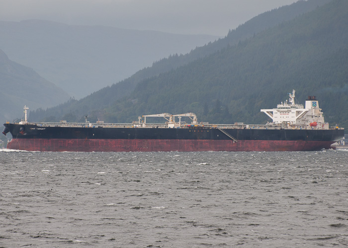 Photograph of the vessel  DHT Target pictured departing Finnart on 11th August 2014
