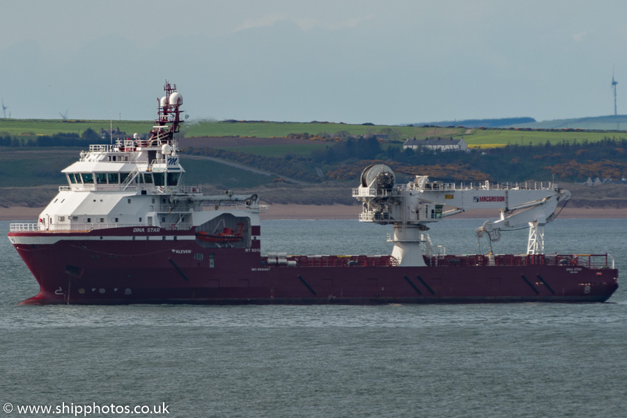 Photograph of the vessel  Dina Star pictured at anchor in Aberdeen Bay on 17th May 2015