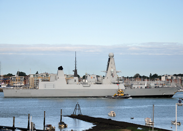 Photograph of the vessel HMS Dragon pictured arriving at Portsmouth Naval Base on 20th July 2012
