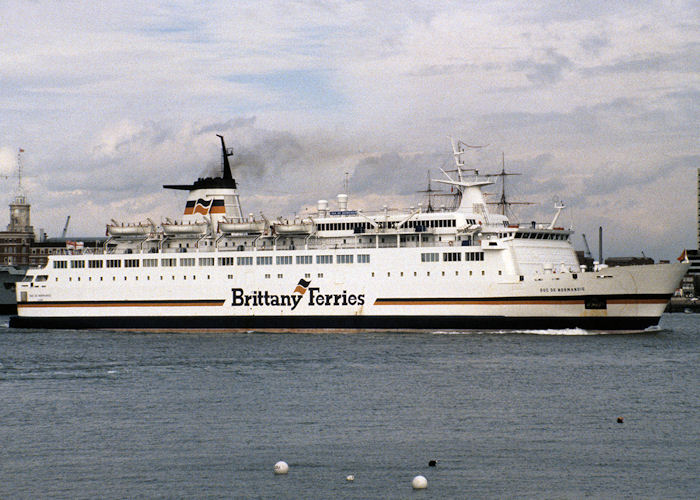 Photograph of the vessel  Duc de Normandie pictured departing Portsmouth Harbour on 24th March 1990