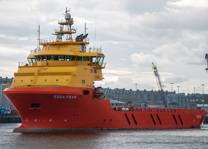 Photograph of the vessel  Edda Fram pictured departing Aberdeen on 4th May 2014