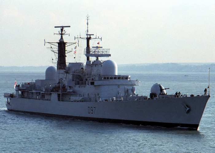 Photograph of the vessel HMS Edinburgh pictured entering Portsmouth Harbour on 25th February 1988