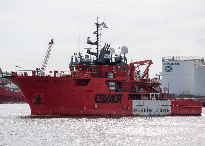 Photograph of the vessel  Esvagt Capella pictured departing Aberdeen on 3rd May 2014