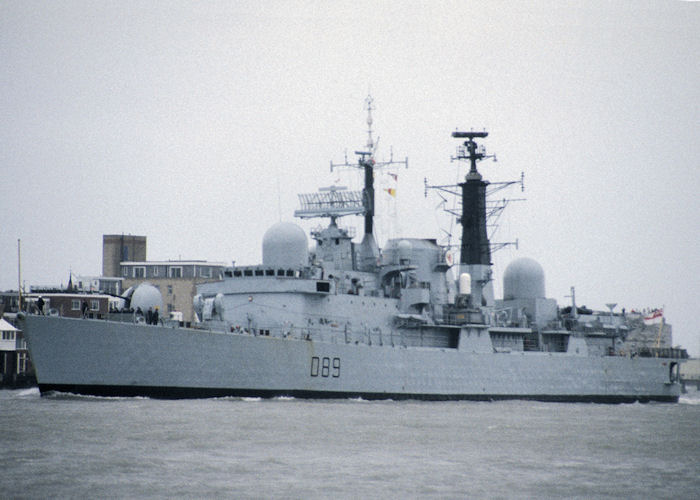 Photograph of the vessel HMS Exeter pictured arriving in Portsmouth Harbour on 17th November 1990