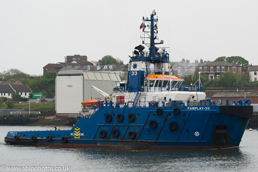 Photograph of the vessel  Fairplay 33 pictured passing North Shields on 12th May 2018
